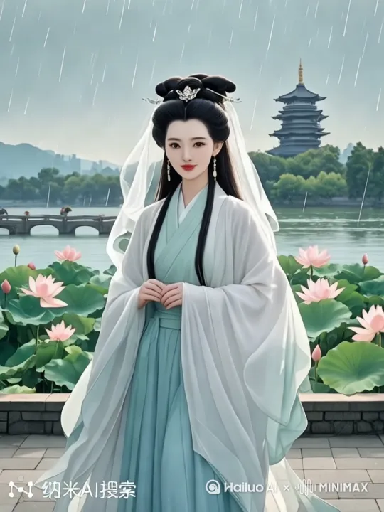 快速高空跟踪镜头移动，无人机视角，一个超现实的高速梦境序列相机紧密跟踪，相机从略高位置的俯视角度紧密跟踪从左后方向右后方移动，随着角色迅速穿越场景。环境是动态的，快速变化。美女像仙女一样飞向空中，轻松地在空中滑行，双臂向两侧伸展，头部向前捕捉平滑水平飞行的感觉。头发、衣服随风摇摆下面有湖水和荷花以及城市街景，运动模糊和光迹增强了速度感和流畅性。快速移动。32k高清画质 by Hailuo AI Video Generator