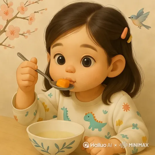 小女孩吃完勺子里的罐头，满足的微笑 by Hailuo AI Video Generator