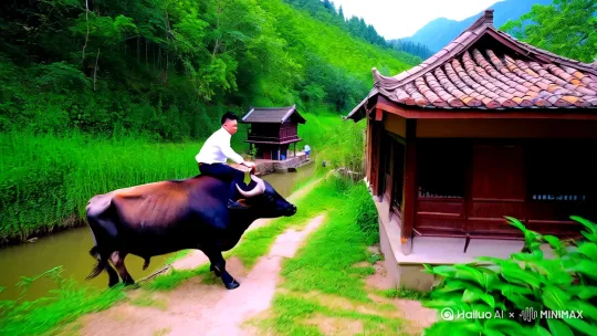 真实摄影，超细节，16K超清画质，中景镜头，50mm焦距。画面主体是一位穿着白色上衣和深色裤子的男人，以及一头体型较大的黑色与棕色相间的水牛。此人运用中国功夫飞身跳上牛背，随即该牛立即飞身跳上屋顶，牛的四肢呈现出跨越屋顶边缘的动作，从一座木质房屋的屋顶跳到另一座屋顶上。
 
环境氛围是在乡村，背景中可以看到传统的木质结构房屋，屋顶覆盖着瓦片，显得古朴陈旧。房屋旁边有一条水道，周围环绕着郁郁葱葱的绿色树木和植被，远处的山峦隐约可见，整体环境自然清新，带有浓厚的乡村气息，同时画面因人物与牛的动态而充满戏剧性与张力。 by Hailuo AI Video Generator