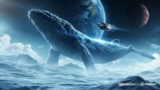 巨鲸缓缓摆动巨大的身躯,飞船加速冲向远方星球,地球表面光影逐渐变化,云层在天空中缓缓移动 by Hailuo AI Video Generator