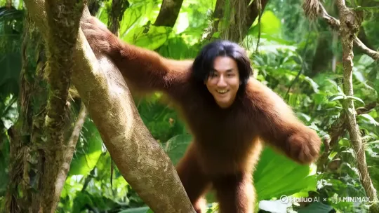 让他作为一只猴子在丛林里穿梭，他浑身都是棕色的毛，还会挠一挠身子，身材敏捷，在树木林中的枝干上穿梭者，阳光透过树叶打在枝干上。而且他表情十分开心，笑着爬树，爬来爬去。 by Hailuo AI Video Generator