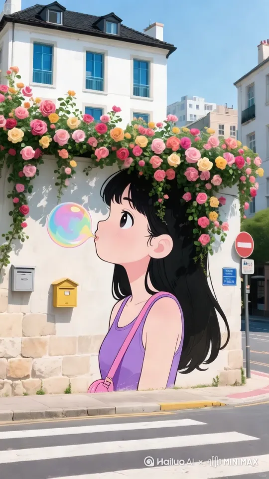 这是墙绘图案，把女孩画在墙上，模拟真实的样子，女孩是固定不动的，嘴边的泡泡也是画在墙上，固定不动，女孩头上的花朵是真实栽种，花朵被风吹左右摆动，有的上下摆动，所有动作自然，符合逻辑，镜头环绕女孩运镜 by Hailuo AI Video Generator