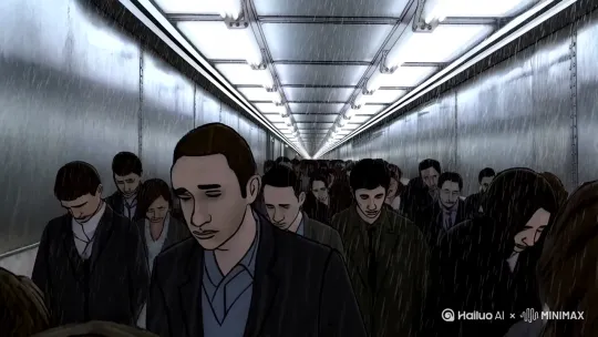 分镜1: 神情疲惫的人群低头穿梭在拥挤的地铁通道里,惨白的荧光灯照亮金属质感墙壁。镜头上方不断落下密集的雨滴纹路,冷色调的灯光中隐约可见悬浮的细微尘埃,镜头以缓慢推进方式营造窒息感。
分镜2: 办公室隔间里佝偻着背的职员们面对闪烁的电脑屏幕,头顶日光灯管发出刺眼白光。镜头从低角度仰拍成排的隔板,灰白格子间背景中唯有键盘敲击声规律回响,浅景深构图突显环境压抑感。 by Hailuo AI Video Generator