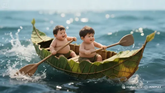 海浪涛涛，小船在一晃一晃地晃荡着，二个小娃娃也不停地划着桨， by Hailuo AI Video Generator