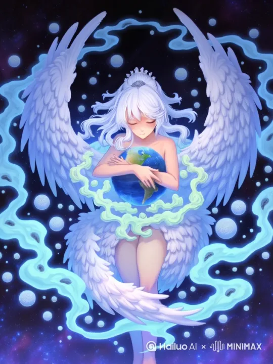 安静动态壁纸，二次元画风没睁眼，宇宙辐射效果，头发轻微浮动，轻微呼吸效果 by Hailuo AI Video Generator