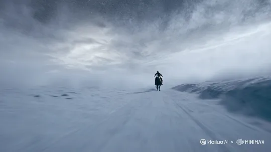风雪连天，一骑绝尘[推出,上升,下摇] by Hailuo AI Video Generator