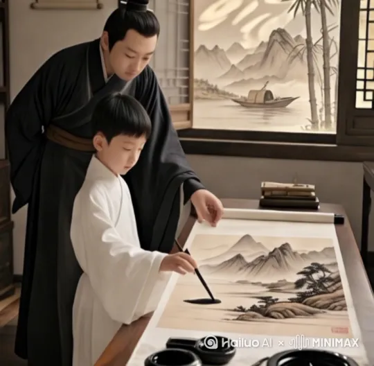 （少年右手拿毛笔在砚台上缀墨，在宣上画画，父亲左手在指点少年，窗上竹影摇戈[左移,上升] by Hailuo AI Video Generator