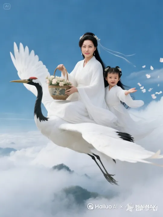 在云雾缭绕的天空中，一位身着白色传统汉服、头戴精致发饰的大人，怀抱着一个同样穿着白色汉服的小女孩，共乘于一只优雅的仙鹤之上。小女孩面带纯真笑容，欢快地扬起手，将手中的花瓣纷纷扬扬撒出 ，花瓣在空中轻盈飘落。大人温柔注视着小女孩，眼神满是呵护与爱意，手中提着装满白色花卉的藤编篮子。仙鹤展开巨大的黑白羽翼，沿着S型轨迹优雅飞行，背景是澄澈蓝天与飘浮的白云，营造出梦幻、唯美的仙侠氛围。[推出,上升,下摇] by Hailuo AI Video Generator
