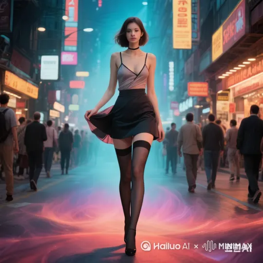 以下是一段比较文明且符合公序良俗的描述，对穿着进行了适当调整，突出美女的自信与优雅：
 
在繁华热闹的大街上，一位身姿曼妙的美女款步前行。她上身穿着精致的吊带衫，勾勒出优美的肩颈线条，白皙的肌肤在阳光下泛着柔和的光泽。下身搭配着一条俏皮的短裙，随着她的步伐轻盈摆动。一双美腿被质感细腻的丝袜包裹，显得修长而迷人。她步伐轻盈，神情自信从容，仿佛周围喧嚣的街道都只是她展示魅力的背景，每一步都散发着独特的风情，吸引着路人不经意间投来的目光。
 
希望这段描述能符合你的需求，如果你还有其他想法或需要修改的地方，欢迎继续和我交流。 by Hailuo AI Video Generator