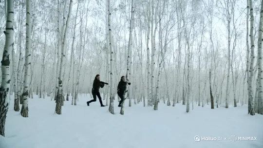 冬季，白雪皑皑的白桦林中，三个女战士持枪成品字形向前搜索，上帝视角，透过白桦林的树枝，看到三名女战士的身影。 by Hailuo AI Video Generator