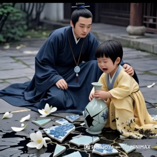 [左移,上升]/父亲左手轻扶小孩的头，安慰着小孩，小孩伤心哭泣着，把花瓶碎片堆砌成花瓶的原状，他上的碎花被微风呗散 by Hailuo AI Video Generator