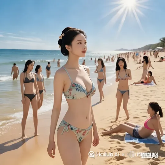 在阳光灿烂的沙滩上，金色的沙粒细腻柔软。一位身着精致花纹泳装的美女，身姿曼妙。她高耸的发髻上，精致的发饰微微闪耀，妆容淡雅却难掩姣好面容。
 
她迈着轻盈的步伐向前走去，每一步都带着从容与自信。泳装恰到好处地勾勒出她傲人的曲线，饱满的胸部在比基尼的衬托下更显动人，纤细的腰肢与修长的双腿相得益彰。
 
身后的沙滩热闹非凡，人群或躺或坐，动作各异。有的在沙滩椅上慵懒地晒太阳，偶尔抬手扶扶墨镜；有的在浅滩处嬉戏，溅起小小的水花；还有的三两成群轻声交谈，不时发出欢快的笑声。海浪轻轻拍打着海岸，和着人们的欢声笑语，交织成一曲夏日的乐章，而这位美女就像是这美妙画卷中最引人注目的一抹亮色。 by Hailuo AI Video Generator