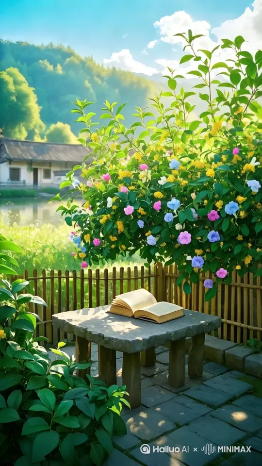 ：
画面主体为户外中式庭院场景，古朴石桌搭配石凳，石桌上一本翻开的旧书，旁边叠放几本旧书，书页微微翻动。繁茂桂花树占据画面上方，金黄细碎桂花点缀于深绿叶片间，部分桂花飘落，在空中轻盈飞舞，洒落在石桌、石凳及地面。背景是中式建筑的模糊轮廓，整体氛围静谧、闲适，充满古典诗意与自然雅韵 。镜头推荐，8k高清画质 by Hailuo AI Video Generator