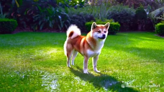 [推进]草坪上站着一只小柴犬，镜头推近时候，转身跑开。 by Hailuo AI Video Generator