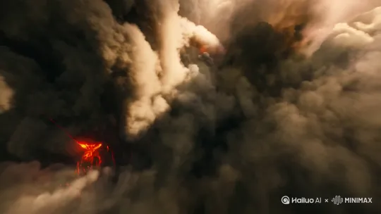 镜头俯冲掠过翻涌的火山浓烟，岩浆撕裂大地（ by Hailuo AI Video Generator
