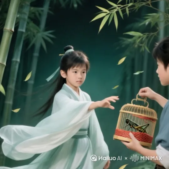 ）白衣少年拒绝短衣少年的蟋蟀笼衣袖和衣裙裾随风轻拂，短衣少年的笼中蟋蟀在笼中跳，竹1叶慢慢掉落地上，竹枝也轻轻摇动[右移,左摇,跟随] by Hailuo AI Video Generator