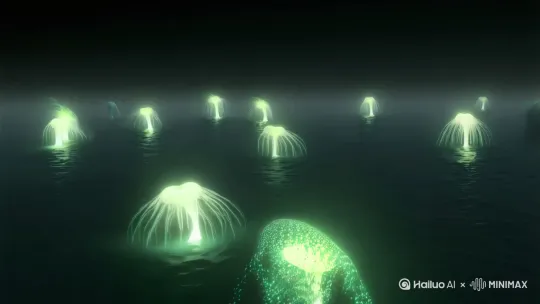 浑浊的原始海洋，水母状生物在微光中浮游 by Hailuo AI Video Generator