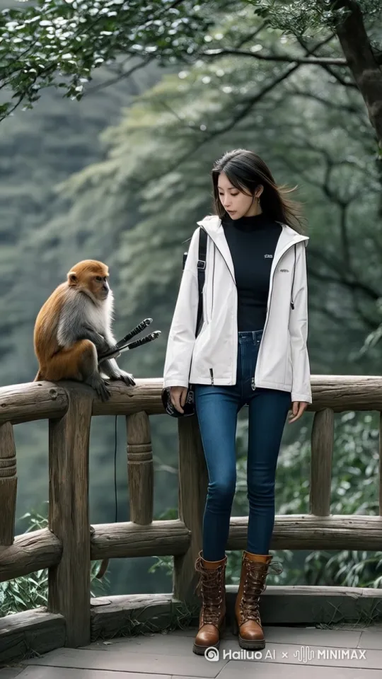 女美女用力拍猴子头了一下。一人一猴就打起来了。猴子站起抬起右脚踢向美女胸口。美女伸左手挡住，右手又打猴子脑门一下，转身就跑。猴子从桥栏杆上跳下去追美女。美女跑了几步，转过身来一脚踢中猴子，猴子被踢开。猴子又追上美女，一人一猴拳打脚踢。周围人群吃惊的看着，最后猴子逃跑了。写实风格，全景境头，高清摄影焦距拉宽，动作流畅一气呵成 by Hailuo AI Video Generator