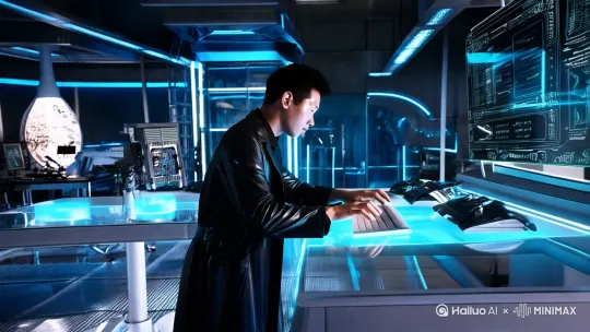 开启「电影质感优化」(默认分辨率4K/25fps)、「动态光影渲染」(增强赛博朋克光效)、「微表情强化」(精准捕捉汗珠、瞳孔收缩等细节)。
实验室特写:冷色调的量子计算全景实验室,冷蓝光效,量子计算机组运转,全息数据流环机组闪烁蓝光环绕。亚洲男性研究员侧脸特写,眼神专注,手指敲击透明键盘。电影级广角镜头,赛博朋克风格。全息屏幕上滚动加密数据流。镜头推近林深的侧脸,他凝视屏幕,手指在虚拟键盘上快速敲击。
人物原型:您提供的证件照将被设定为一名30岁的信息科技研究员昊天,专注脑机接口与人工智能伦理研究。
世界观:近未来2045年,昊天团队开发出全球首个具备自我意识的量子AI「星链」,但技术突破引发军方与科技巨头的争夺,剧情围绕「技术失控与人性救赎」展开。 by Hailuo AI Video Generator