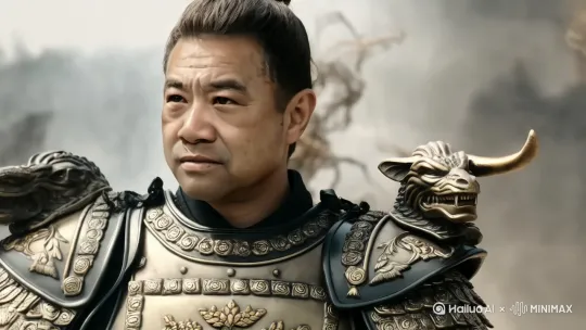 8K微距镜头聚焦青铜兽首肩甲的反光轨迹  
- 逆光勾勒将领眉弓处的细沙粒（120fps捕捉睫毛颤动）  
- 瞳孔倒影中燃烧着扭曲的狼烟（后期合成火焰动态遮罩） by Hailuo AI Video Generator