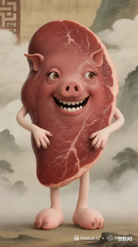 帮我生成一个视频：让图中的人物走起来，边走边开口说＂我是属阳的食物、名为猪肝＂。比例 9:16。 by Hailuo AI Video Generator