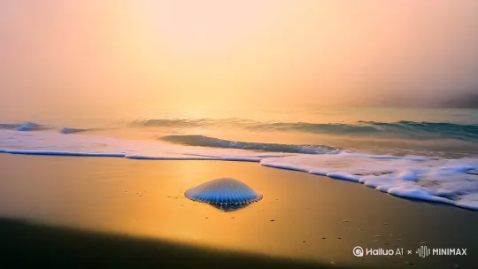 场景核心：晨雾未散的浅滩海岸，湿润的细沙与退潮留下的水洼
视觉元素：
 
- 淡金色晨光照亮海浪（浪高30cm，泡沫细腻如碎钻），拍打岸边的黑色火山岩
 
- 水洼中倒映着粉紫色朝霞，随波纹轻轻晃动，偶尔游过一尾透明小鱼
 
- 沙滩上散落着螺旋纹白贝壳，一只小螃蟹快速爬过，留下串状脚印
动态与镜头：
 
- 低空航拍镜头：从海面平推至沙滩，聚焦贝壳上凝结的露珠（慢镜头滴落）
 
- 特写切换：浪花舔舐沙滩的微距画面，沙粒被水流带起的细腻动感
氛围关键词：湿润水汽/晨光微醺/潮汐节奏/生命律动 by Hailuo AI Video Generator