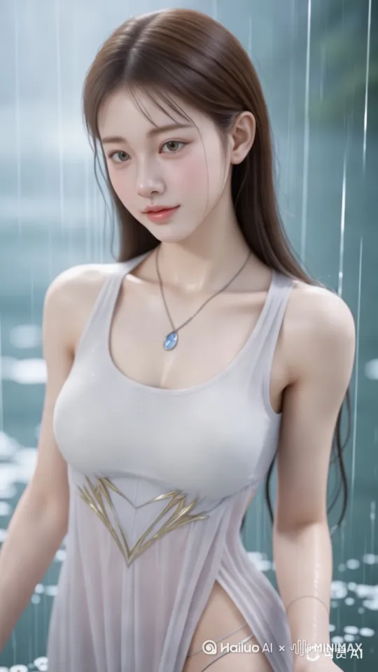 3D 特效，真实感，实时渲染，下雨，雨水浸湿人物肌肤，在肌肤上凝结水珠，虚幻引擎5渲染，8K超清发丝物理模拟水，水珠圆润通透，现实模拟发丝湿透效果，皮肤粘水效果，布料模拟，[发丝级精度]3D超写实，
露肩，下雨，雨水浸透人物服装，粘在脸上，发丝上，湿感严重，高质量，杰作，超高清，8K by Hailuo AI Video Generator