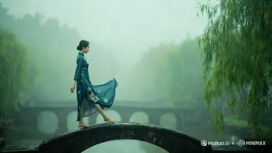 人物走过小桥，镜头不动 by Hailuo AI Video Generator
