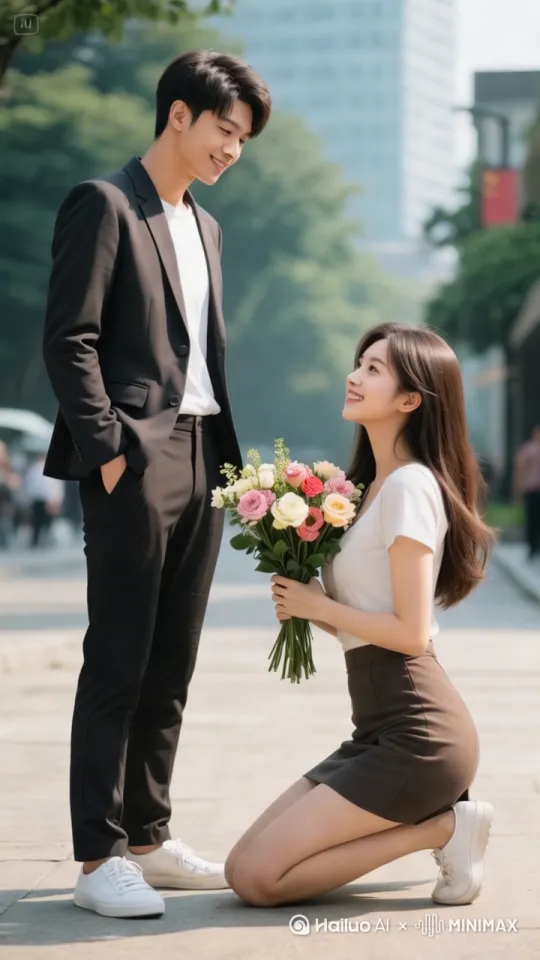 美女向帅哥求婚，帅哥搀起美女，美女突然站起来围着帅哥疯狂转圈[推进,上升]+[左摇,变焦推进] by Hailuo AI Video Generator