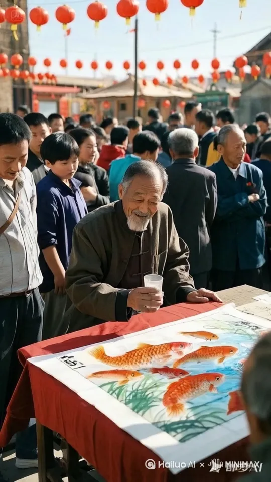 老大爷把水倒到图画上，图画的鱼化成一条锦鲤在使劲跳动，周围的人好奇惊讶，欢呼鼓掌 by Hailuo AI Video Generator