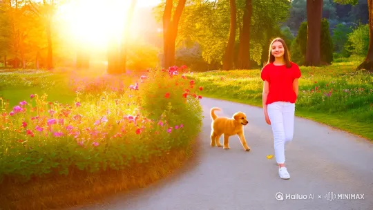 清晨，阳光明媚，缕缕阳光倾洒在公园的花草树木上，一位穿红衣白裤运动鞋的18岁小姑娘，牵着一只黄色小狗在弯曲的小道上悠闲地散着步，小狗看到飞翔的蝴蝶欢快地去追赶，小姑娘看看小狗开心的笑着。 by Hailuo AI Video Generator