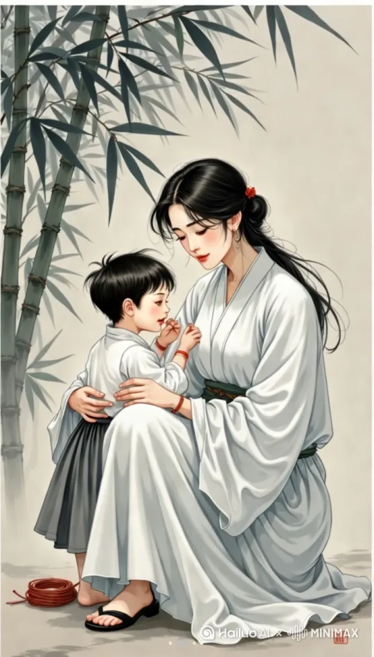 【中景】母亲发髻微垂蹲身微笑拥抱孩子，素色宽袖轻拢孩童，指尖拭泪特写，与孩童腕间红绳形成暖色焦点，背后墨色竹影婆娑[左摇,变焦推进] by Hailuo AI Video Generator