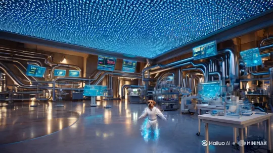 主体：拟人化拉布拉多犬 
动作：在充满科技感的实验室，从普通装扮变身为银色的发光科技服，戴上智能眼镜，操作着高科技仪器，摆出酷炫的姿势。​
场景：未来感十足的实验室，有各种高科技设备、发光的显示屏和管道。​
运镜：广角镜头展示实验室全景，变装时用机械臂视角环绕拍摄科技服，操作仪器用第一视角手部特写镜头光线：冷蓝色 LED 矩阵光从上方投射，科技服发光纹路用侧逆光强化，背景屏幕的数据流光作为环境光
细节：科技服的发光纹路，智能眼镜的透明镜片，高科技仪器的复杂构造。​
氛围：充满科技感和未来感，镜头运用广角和特写，展现科奇的酷炫造型。 by Hailuo AI Video Generator