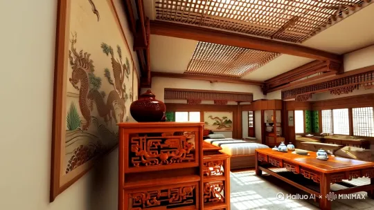 面积145平三室两厅两卫的户型，两个卧室南向，一个卧室北向，请帮我设计一个宋式装修风格图。 by Hailuo AI Video Generator