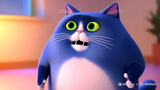 蓝色白肚皮胖胖猫用“可恶的调休”直抒胸臆，“本猫”拟人化自称增添亲切感，话题标签#五一调休强化传播针对性。
 开篇简短感叹，随后具体吐槽调休安排（周天上课、六天连续课业），最后以强烈情绪收尾，节奏紧凑，符合短视频快速传递观点的特点。 by Hailuo AI Video Generator
