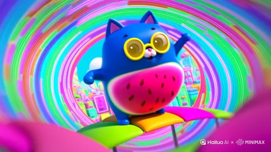 A fat blue cartoon cat with giant round eyes and a watermelon-shaped belly, wearing tiny yellow sunglasses, surreal abstract comedy scene, dancing chaotically on a rainbow-colored trampoline in a candy-themed city, hyper-detailed 3D Pixar-style rendering, neon pastel color palette with glowing outlines, dynamic fisheye lens perspective, exaggerated squash-and-stretch animation, sudden transformation into a floating balloon cat, confetti explosion from ears, 8k vibrant hyperrealism, cinematic motion blur, --ar 16:9 --v 5.2 by Hailuo AI Video Generator