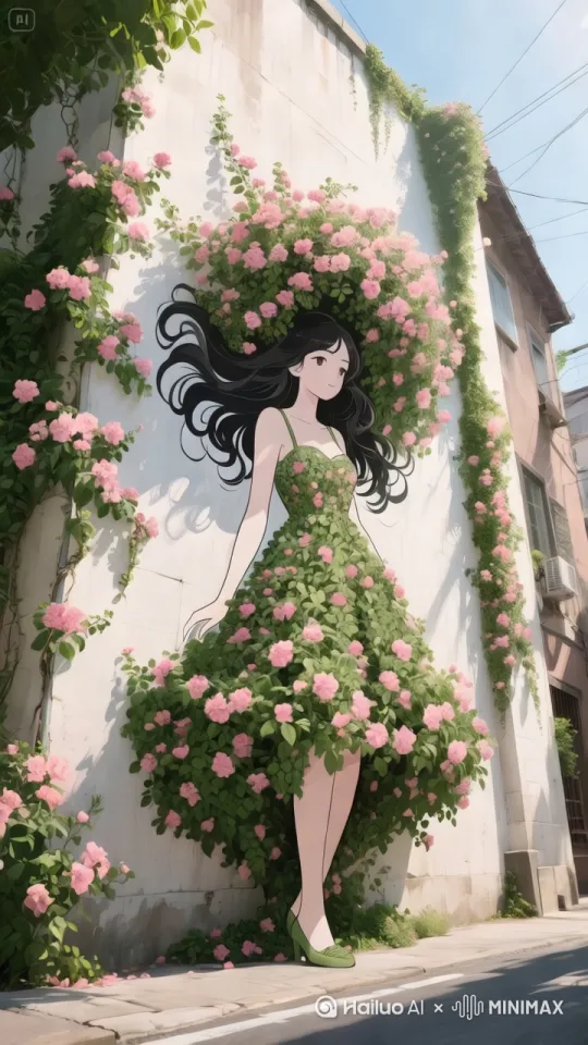 画中美女固定不动，花朵摇动。[右摇,变焦推进] by Hailuo AI Video Generator