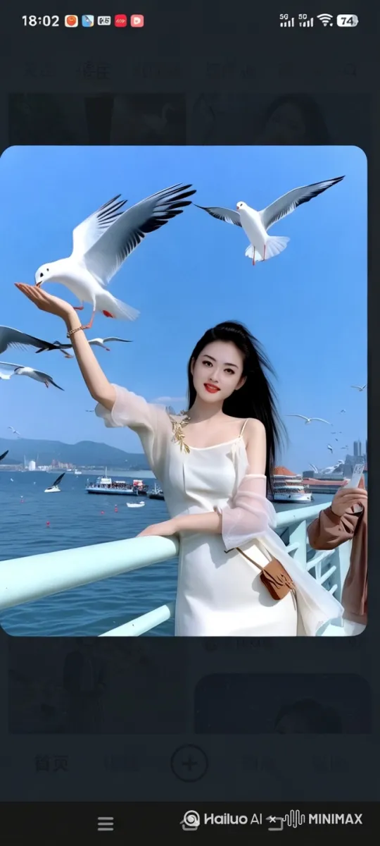 参考图片。美女在海边靠着栏杆观看海鸥，举起一只手，有一只海鸥落在他的手上，美女高兴的看着海鸥附近，还有很多海鸥在飞翔，空中有白色的云朵，上面有有轮船，美丽的景观。 by Hailuo AI Video Generator