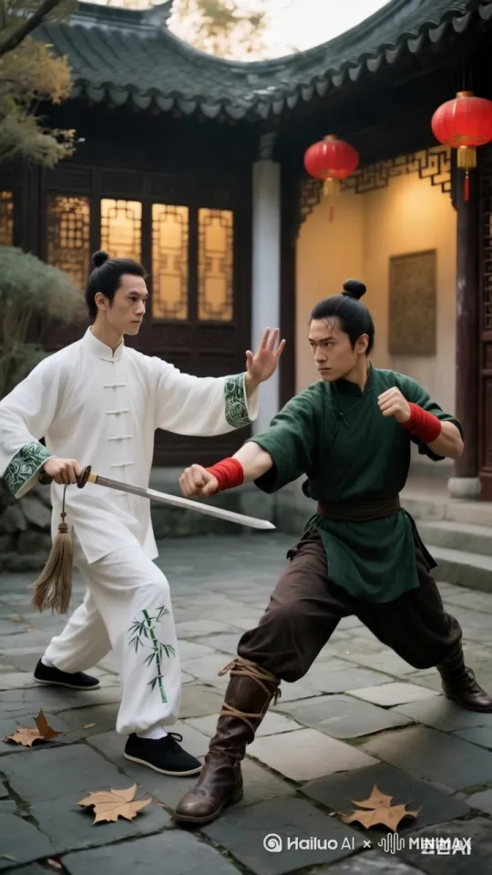 ；顺势转身摆拳，动作刚猛连贯，最后以虚步亮掌收势，衣摆因惯性飘动，的格斗者，压低重心快速突进，一记直拳佯攻对方面部，趁其防守时侧勾拳突袭腹部；不等对手反应，低扫腿横扫下盘，带起地面碎石；对手踉跄时，膝撞衔接摆肘，整套动作凌厉流畅，最后后撤滑步拉开距离， by Hailuo AI Video Generator