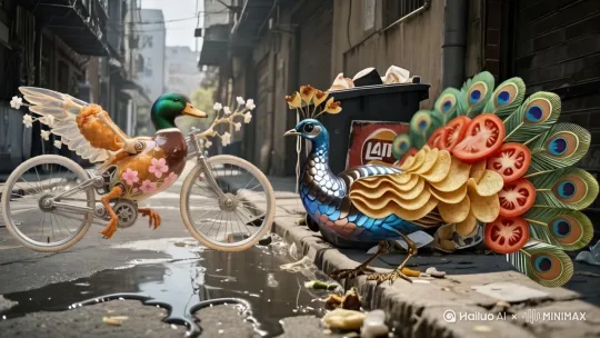 A fierce battle between Pavo Crispatus (peacock-potato chip hybrid) and Fried Duck Chicken Beast (duck-fried chicken hybrid), set in a decrepit snack factory at dusk. Pavo Crispatus has iridescent potato chip feathers with seasoning patterns, tail feathers layered like crispy chips forming eye spots, releasing red powder mist. Fried Duck Chicken Beast has metallic duck head, fried chicken skin "feathers" with flower fragments, mechanical arms with bicycle wheel claws, spraying sticky plant bubbles. Dynamic pose: Pavo spreading tail feathers to emit infrasound, shattering metal bolts, while Fried Duck grabbing with mechanical claws, breaking chip feathers, sparks and crispy debris flying. Background: rusty machinery, broken potato chip bags, neon lights. Hyper-detailed, 8K, cinematic lighting, blend of industrial decay and crunchy food aesthetics, realistic yet whimsical. by Hailuo AI Video Generator