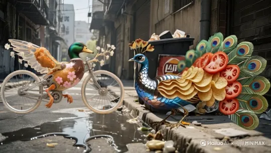 【金属脆羽之战：无人类介入的终极博弈】
 
第一回合：暮色工厂的香脆角力
 
废弃薯片工厂的铁皮屋顶上，羽脆兽的尾屏如调色盘般展开——番茄红、烧烤棕、青柠绿的薯片“羽眼”在夕阳下流转，每片边缘的焦痕都暗藏辣椒粉颗粒。它早已通过500米外的薯片包装袋塑料味锁定目标：花轮鸭炸鸡兽正沿着生锈的输送管道滑行，机械臂上的牵牛花藤摩擦金属，发出细碎的“咔嗒”声。
 
花轮鸭率先发动突袭，鸭喙喷出的植物性泡泡不再瞄准对手，而是精准包裹住工厂角落的积灰薯片袋。黏性树脂裹着调味粉炸开，形成刺鼻的伪信号——这招“气味诱敌”果然奏效，羽脆兽的瞳孔因薯片香味剧烈收缩。趁其分神瞬间，自行车轮辐状翅膀突然展开，油炸脆皮包裹的躯体如导弹般撞向尾屏。
 
“砰！”
次声波与金属撞击声同时炸响。羽脆兽的尾羽主羽在碰撞中崩裂三片，却也用120次/秒的振动震松了花轮鸭左翼的自行车辐条。炸鸡骨制成的辐条断裂时，竟弹出裹着面糊的蒲公英种子——那是花轮鸭藏在机械结构中的“生物地雷”，种子落地即萌发，带刺的藤蔓缠住羽脆兽的趾爪。
 
第二回合：废料迷宫的声波绞杀
 
羽脆兽猛甩尾屏，辣椒粉如红色沙尘暴席卷战场，花轮鸭的雏菊触须瞬间蜷缩。它趁机啄食管道上的生马铃薯残块，尾羽基部的再生干细胞加速运转，断裂的薯片主羽正以肉眼可见的速度粘合。而花轮鸭已躲进堆积的金属废料后，机械臂扯下生锈的薯片切割机刀片，改装成临时盾牌。
 
“咔嚓——”
羽脆兽的趾甲划开藤蔓，尾屏突然收缩成利刃形态，如薯片刀般劈开金属废料。次声波在迷宫般的管道间形成回音，精准定位到花轮鸭的机械心跳声（齿轮转动的“咔嗒”节奏）。它骤然加速，锡箔反光层在月光下化作流动的银河，让对手的机械视觉系统短暂过载。
 
花轮鸭却在此时发动绝杀：机械臂甩出储存的炸鸡油脂，那些从快餐店后厨偷来的高热量残油接触地面的火星，瞬间燃起三米高的火墙。羽脆兽的薯片羽毛在热浪中发出“滋滋”脆响，被迫退入充满粉尘的干燥储物间——这正是它的绝对主场。
 
终局：粉尘暴中的生死逆转
 
储物间内，羽脆兽的尾屏振动频率提升至极限，次声波与空气中的薯片粉尘共振，形成肉眼可见的白色音爆云。花轮鸭的机械部件在高频振动中出现故障，自行车轮的轴承迸出火花，油炸脆皮表面的抗氧化层也开始剥落。
 
“叮铃——”
尾铃碎裂的声响中，花轮鸭的机械臂突然失控，误触了墙上的薯片调味粉阀门。番茄味、烧烤味、海苔味的粉末如彩色暴雪倾泻，羽脆兽却在此时展现终极杀招：它张开喙部，将混合调味粉吸入胸腔——那是触发“调味拟态”的致命开关。
 
粉尘暴中，羽脆兽的羽毛表面迅速析出辣椒粉结晶，模拟出花轮鸭最恐惧的臭虫气味（辛辣中夹杂腐油味）。花轮鸭的嗅觉受体剧烈过载，机械臂不受控地喷出最后储备的植物性泡泡，却在干燥环境中迅速硬化，反而砸中自己的机械关节。 by Hailuo AI Video Generator