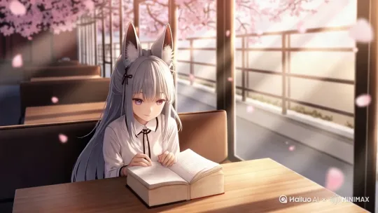 少女头发飘动， 樱花花瓣向下飘落。 by Hailuo AI Video Generator