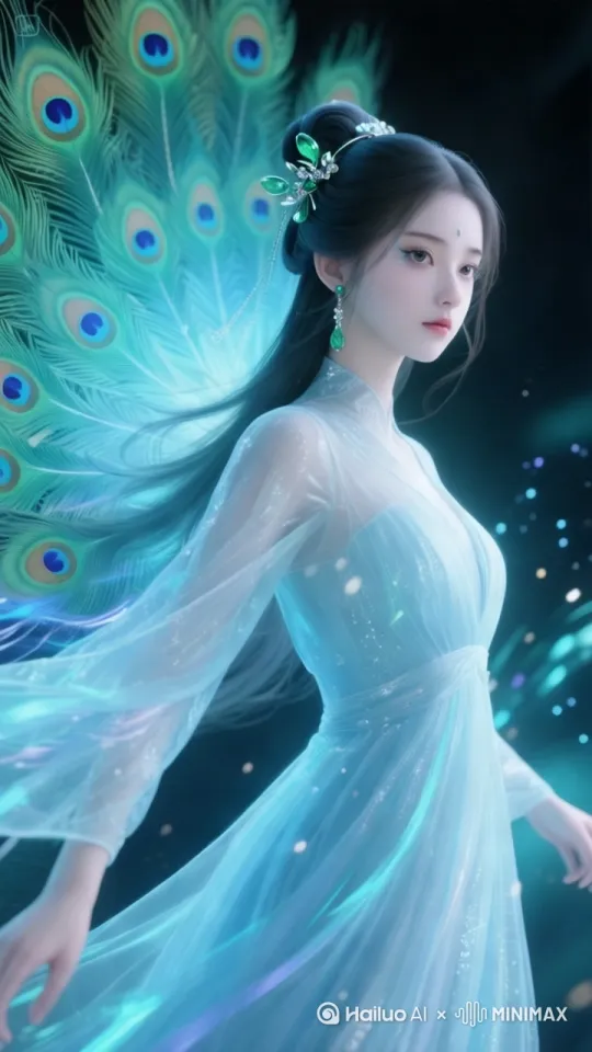 孔雀展开尾羽渐变粒子特效幻化成美少女，羽毛从尾翼开始蜕变成淡蓝薄纱长裙，面部特写从孔雀喙过渡到瓜子脸，冷白肤色透出珠光，孔雀翎眼妆搭配翡翠发簪，渐变发丝飘动残留孔雀羽轴纹理，半透明孔雀尾翼虚影环绕周身，炫光特效展示羽毛与人体粒子转换过程，3D渲染超现实风格，高精度建模皮肤纹理，浅蓝与孔雀绿渐层光晕，动态模糊处理幻化轨迹 by Hailuo AI Video Generator