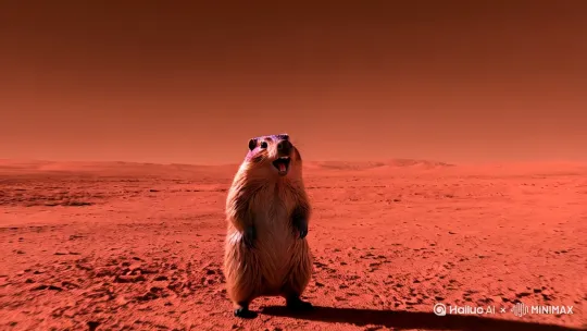 当一只土拨鼠被送上火星后，聚焦土拨鼠的嘴，大声喊出，我到火星了，让这五个字从嘴里一个一个蹦出来 by Hailuo AI Video Generator