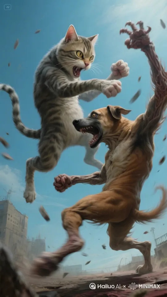 打架，猫把狗打倒 by Hailuo AI Video Generator