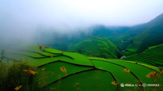 1. 远景 俯拍（航拍镜头）
连绵青山在薄雾中若隐若现，镜头掠过层叠梯田，停驻在山腰处的白墙青瓦院落。蝉鸣声渐起，混着山风掠过竹林的沙沙声。

2. 全景 摇镜头（带环境声）
正午阳光将两层主楼的白墙晒得发亮，屋后墨绿山丘投下大片荫凉。左侧矮厨房飘出缕缕炊烟，在无风的空气中笔直上升，渐渐被东南风吹散。

3. 近景 特写（升格镜头）
露天青石水池泛起涟漪，水面倒映着金黄银杏叶缓缓飘落。老树根虬结处生出新绿苔藓，水瓢歪斜靠着长了青斑的陶缸。

4. 中景 移镜头（右摇）
镜头掠过主楼斑驳的木格窗，停在右侧翠竹丛。穿过摇曳竹影，鲜红樱桃缀满枝头，两三麻雀正在啄食，惊落熟透的果实。

5. 全景 固定镜头（自然音效）
门前磨光的黄土地泛着釉光，核桃树荫下围着青石桌。五位老人正在玩长牌，粗陶茶碗冒着热气。花猫突然扑向黄狗摇晃的尾巴，撞翻竹凳引得众人哄笑。

6. 特写 微距镜头（环境细节）
布满沟壑的核桃树皮上，蚂蚁列队搬运樱桃碎屑。阳光穿过叶隙在老人藏青布衫上投下光斑，他布满老茧的手指正摩挲着包浆的铜烟锅。

7. 远景 缓推镜头（空镜抒情）
顺着老人眺望的方向，层层叠叠的山林涌向天际。山风骤起，银杏叶雨裹挟着炊烟掠过镜头，布谷鸟鸣在山谷间荡起回声。

OS（苍老男声）：
"这山看着人长大，也看着人老去。核桃树结果六十年，送走的比留下的多。"

8. 全景 俯拍（收尾镜头）
暮色渐染，厨房亮起昏黄灯光。最后一片银杏叶飘落在盛满山泉水的木盆里，惊醒了打盹的狗，它抖了抖耳朵，朝着归巢的鸟群轻吠两声。

（渐隐） by Hailuo AI Video Generator