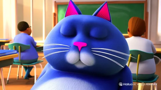 3D动画风格，画面主体是一只蓝色的胖猫，耳朵内侧为粉色，粉色的鼻子，这只猫很可爱，它坐在教室里，听着老师讲课混混欲睡 视频时长为15秒左右[左移,推进,右摇] by Hailuo AI Video Generator