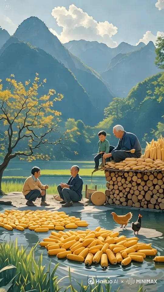 几人有说有笑的，微风拂过水面，小鸡在觅食[拉远,上升,变焦拉远] by Hailuo AI Video Generator
