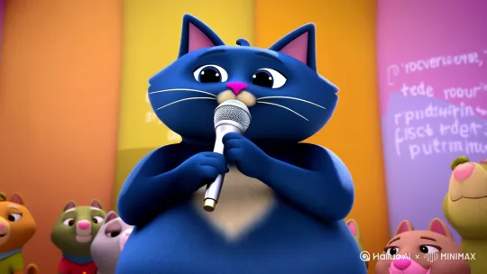 "Generate an animated video scene featuring a plump, dark blue cat (shaped like a pumpkin) holding a microphone on a stage. The cat has a warm, earnest expression and is singing a song that tells the story of overcoming prejudice and rejecting racial discrimination. The song reflects a past scenario where misunderstanding or inequality existed (implied through symbolic, non-offensive imagery, not explicit conflict), but the focus is on unity and mutual respect. The background is a bright, inclusive setting with diverse animals listening thoughtfully, emphasizing harmony and learning. The tone is hopeful and educational, aimed at inspiring viewers to value equality. Ensure all characters are depicted in a friendly, non-stereotypical manner, with no violent or oppressive imagery—only positive messages of solidarity and anti-discrimination." by Hailuo AI Video Generator