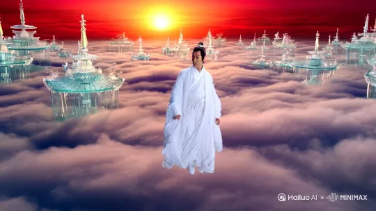 【场景设定】
镜头从翻滚的云海间拉开，露出悬浮于九重天外的琉璃天宫群，残阳将流云染成血色。两位修仙者脚踏虚空而立，白衣仙君衣袂翻飞如雪，身后展开千柄寒冰剑气组成的玄月轮盘；黑袍魔尊周身缠绕暗紫色雷纹，脚下赤焰阵法熔穿云层，岩浆般的灵力沿着锁链状符文向上喷涌。
【人物特写】
白衣仙君眉间朱砂纹亮起，左手结「太虚印」唤出金色符咒长链，右臂挥剑引动青鸾虚影长鸣，剑锋过处冰晶凝成莲花轨迹。黑袍魔尊狞笑间撕裂空间，骨鞭化作百丈血蛟撕咬对手，獠牙喷吐的毒火与冰莲相撞，炸开翡翠色与猩红交织的能量漩涡，冲击波震碎下方悬浮仙山的琉璃瓦。
【动态分镜】
• 全景：两人化作一白一黑两道流光在崩塌的浮岛间穿梭对撞，剑气与魔焰在云层刻出龟裂状残痕
• 近景：魔尊骨鞭缠住仙剑时特写两人对视，瞳孔中倒映着彼此身后幻化的修罗法相与太极星图
• 慢动作：仙君被击退撞穿三重云墙，发冠碎裂瞬间长发飞舞，嘴角溢血却在坠落中反手掷出本命剑，剑身分裂成流星雨般的金色小剑刺破雷云
• 快切镜头：魔尊挥袖召出骷髅鬼面盾抵挡，金属碰撞声混合着古琴音效，盾碎瞬间面部被剑光划破，流出的竟是熔岩般的金色血液
【特效元素】
环境：每次法术碰撞都导致天色剧变，时而紫电如龙穿梭云层，时而漫天冰棱折射虹光
细节：飘散的衣带碎片燃烧着灵火缓缓下落，破碎的玉佩在气浪中形成微型灵气风暴
光影：夕阳余晖穿过两人交战形成的灵力场，在云海上投射出巨大的阴阳鱼投影
【收尾镜头】
最终对掌引爆的灵力潮汐中，两人被反冲力震向天际两端，白衣仙君坠向昆仑山脉方向，黑袍魔尊则砸穿东海归墟结界。镜头俯拍云层上残留的环形冲击痕迹，背景传来悠远钟磬声，远处却隐约浮现第三道带着青铜面具的神秘身影在观战。 by Hailuo AI Video Generator